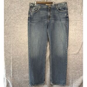 Buckle BKE Seth Straight Leg Jeans Mens 40x36 Blue Distressed Embroidered